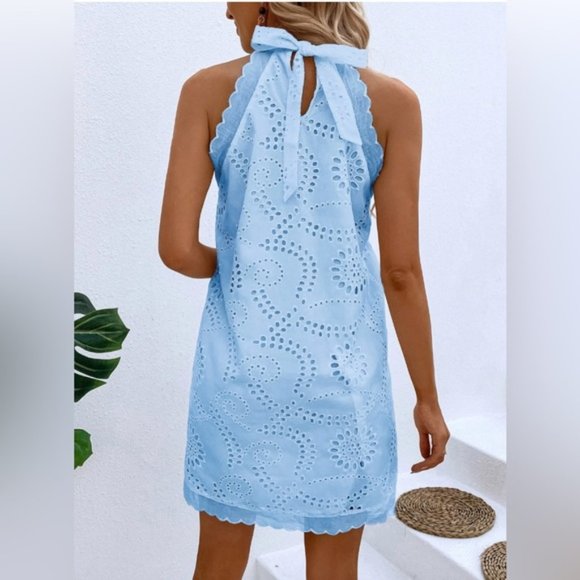 Blue Boho Eyelet Embroidery Halter Dress - Picture 2 of 5